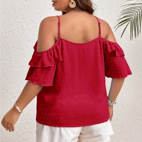 Plus Size Ruffle Off The Shoulder Top Blouse Shirt Red - Picture 2 of 4